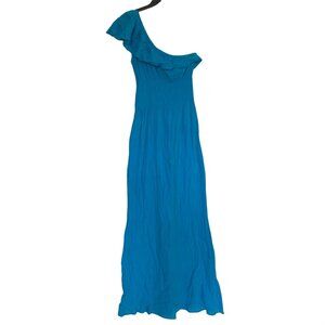 Polka Dots Blue Gauze One Shoulder Maxi Dress Medium